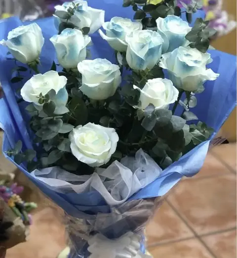 Rosas azules y eucalipto
